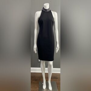 Calvin Klein Rhinestone Beaded Collar Black Halter Dress Size 4